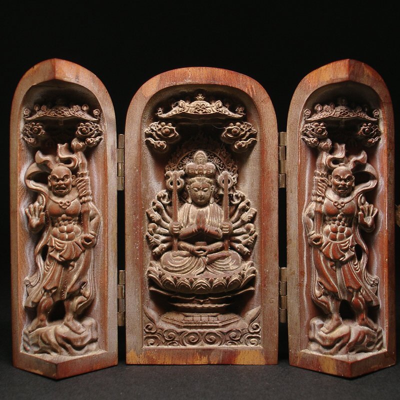 花◇仏教美術 圧倒的細密彫刻 木彫(浮彫)十一面観音坐像・金剛力士像
