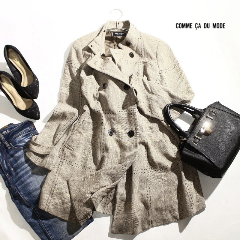 コムサデモード COMME CA DU MODE 抱っこ紐対応 チェック柄 ウール ママコート ウール ロングコート ベージュ 日本製_1