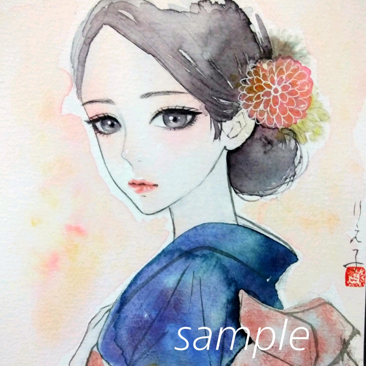 肉筆原画 水彩画 手描きイラスト 美人画 和装 絵画 オリジナル 和服 
