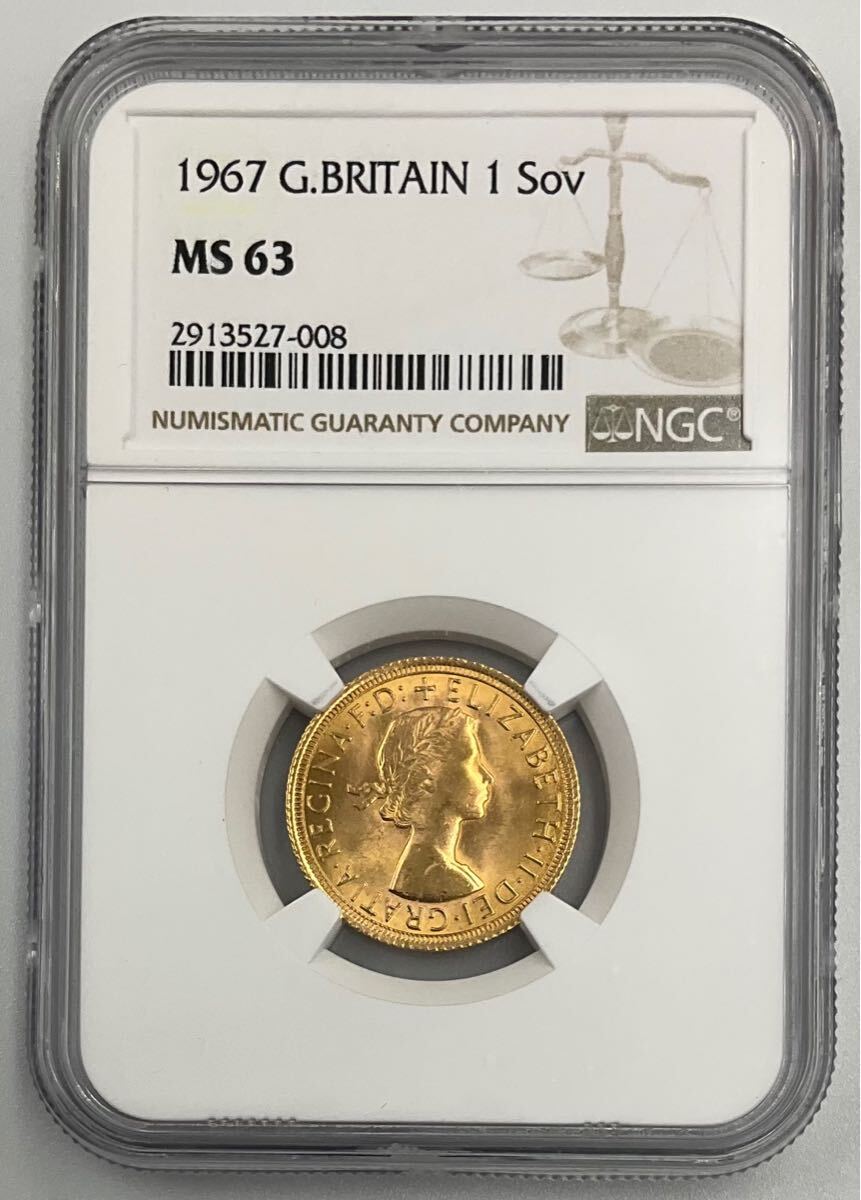 ★１円スタート 美品 1967年 イギリス ヤングヤング エリザベス ロイヤルミント 1ソブリン 金貨 龍退治 NGC社鑑定 MS63_2