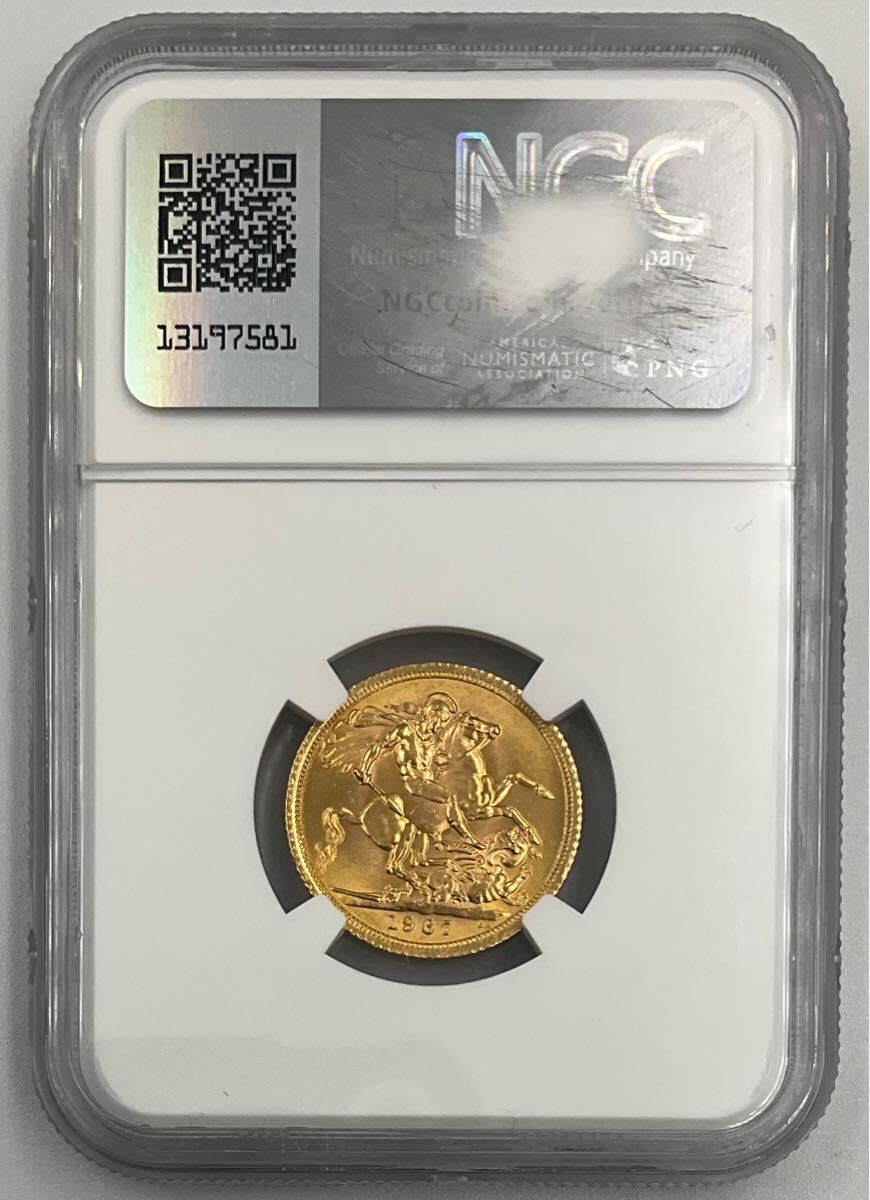 ★１円スタート 美品 1967年 イギリス ヤングヤング エリザベス ロイヤルミント 1ソブリン 金貨 龍退治 NGC社鑑定 MS63_4