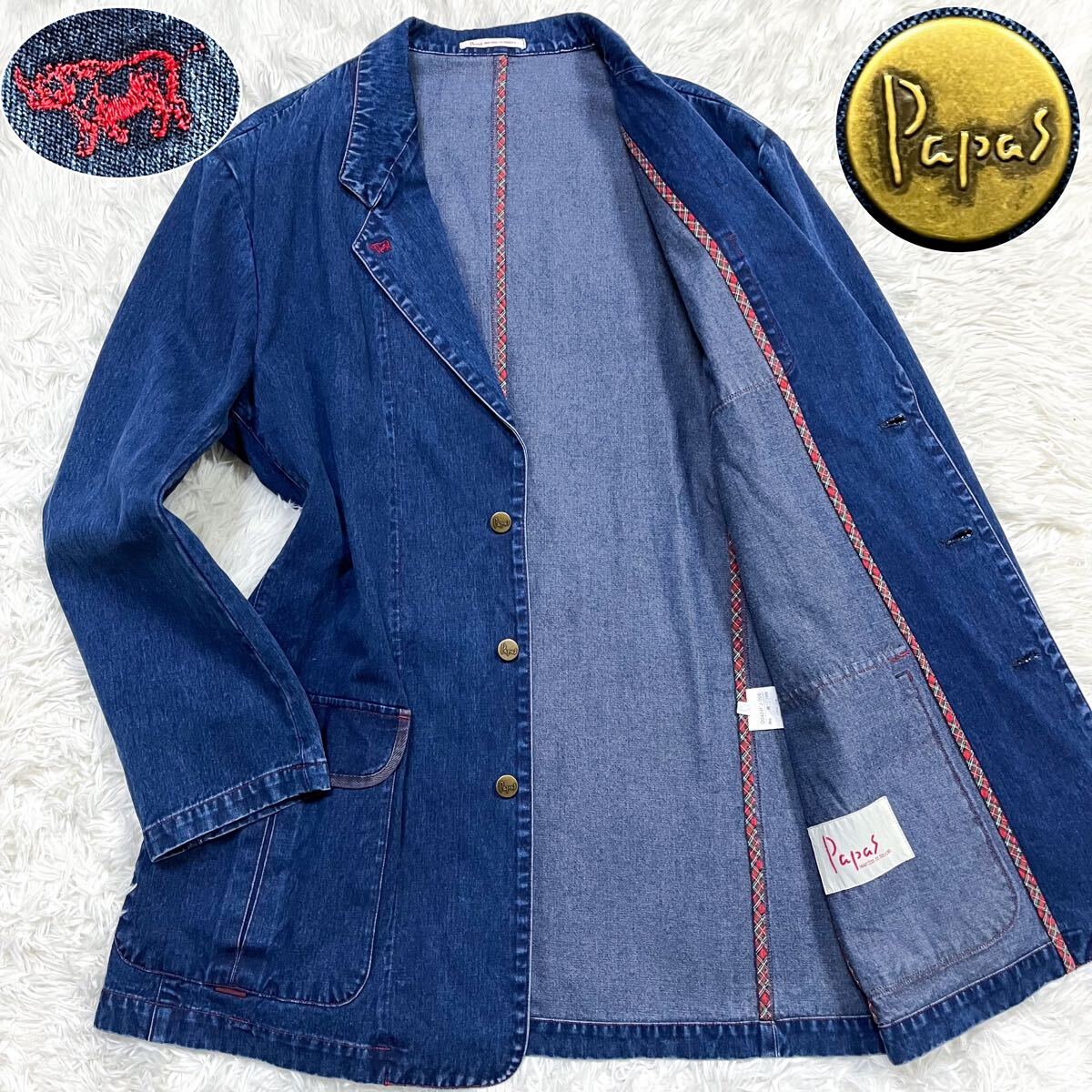 美品 PAPAS オーバーサイズ パイピング デニム テーラード ジャケット L 美品 XL相当 パパス/Papas デニム テーラードジャケット 金ボタン 刺繍