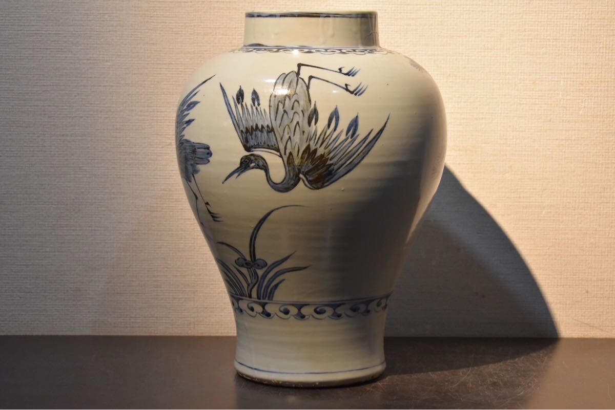 GE】Z95◇李朝・高麗コレクター放出品◇時代 李朝松鶴図壺/中国古玩