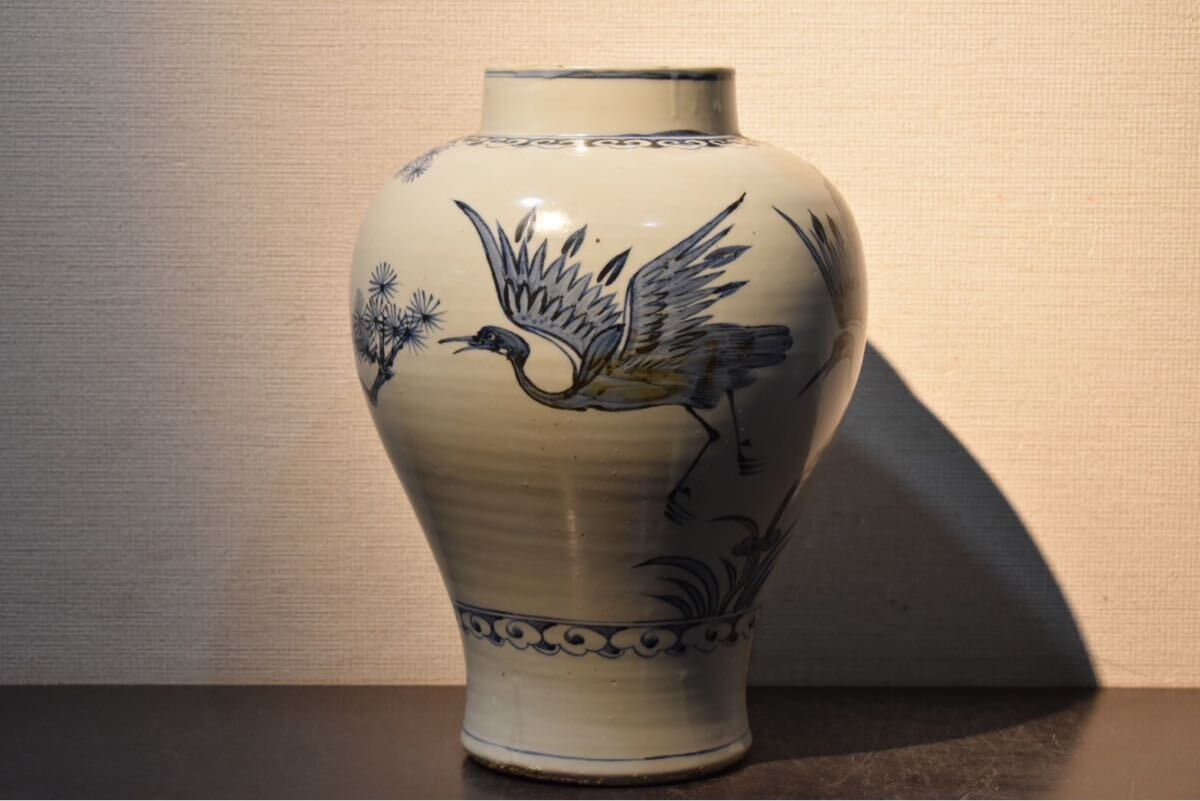GE】Z95◇李朝・高麗コレクター放出品◇時代 李朝松鶴図壺/中国古玩