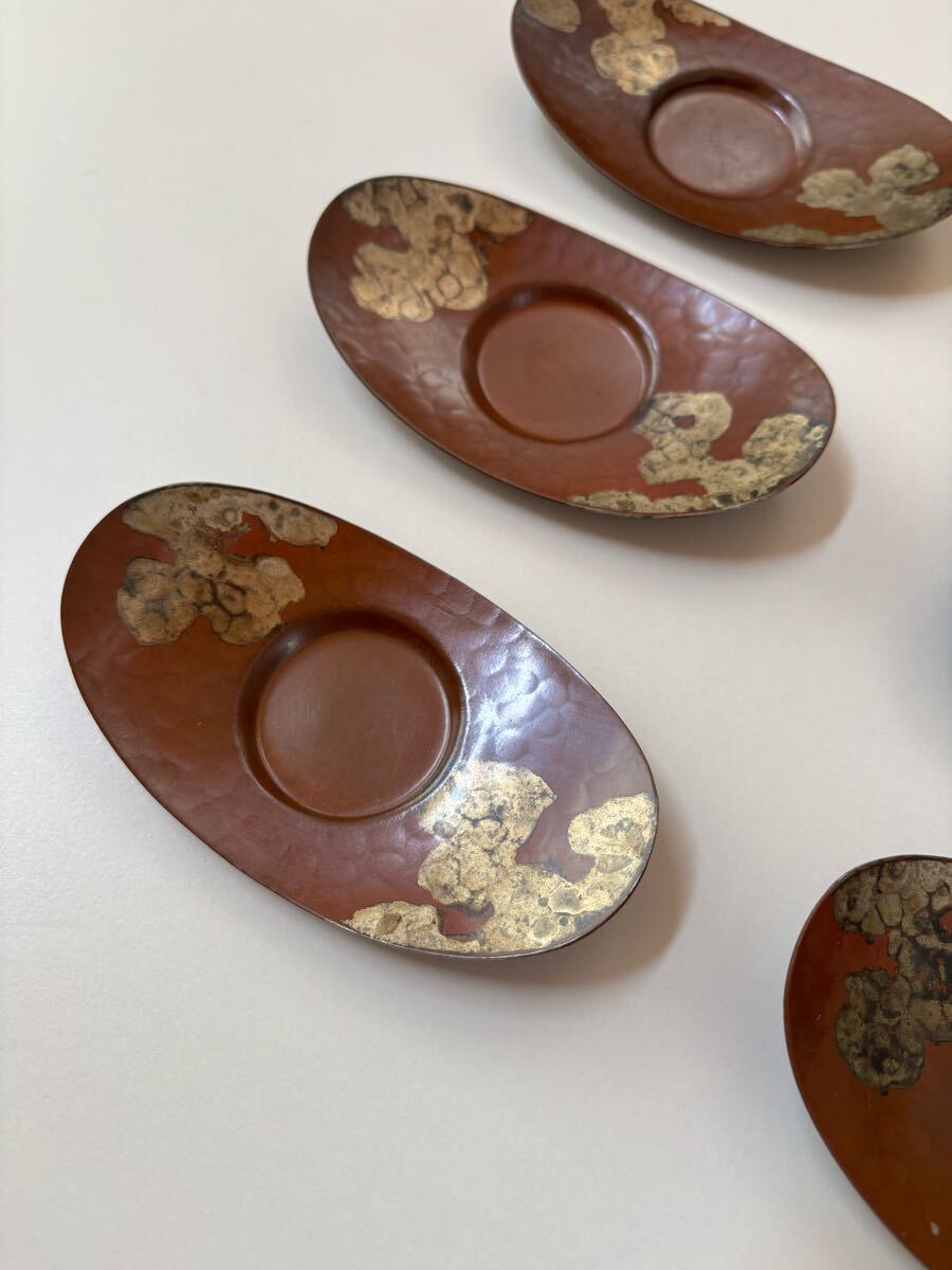 義光製 茶托5客 未使用品 鍛金製 共箱 煎茶道具 高岡銅器 在銘 茶道具