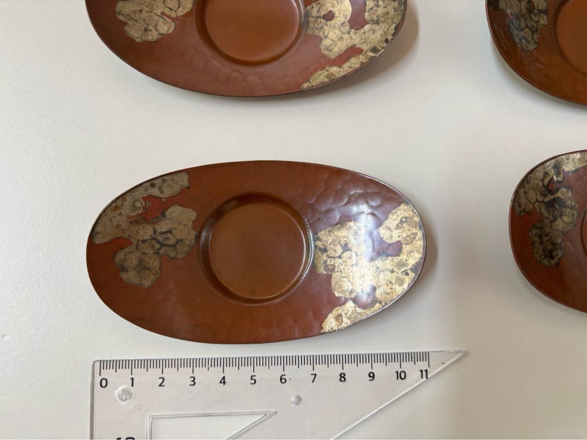 義光製 茶托5客 未使用品 鍛金製 共箱 煎茶道具 高岡銅器 在銘 茶道具