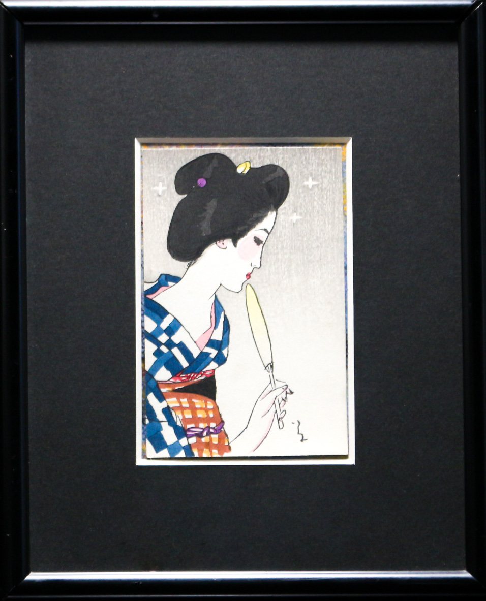 真作】『うちわ 美人画』/ 竹久夢二 / 木版画 / 当時物 / 色摺り