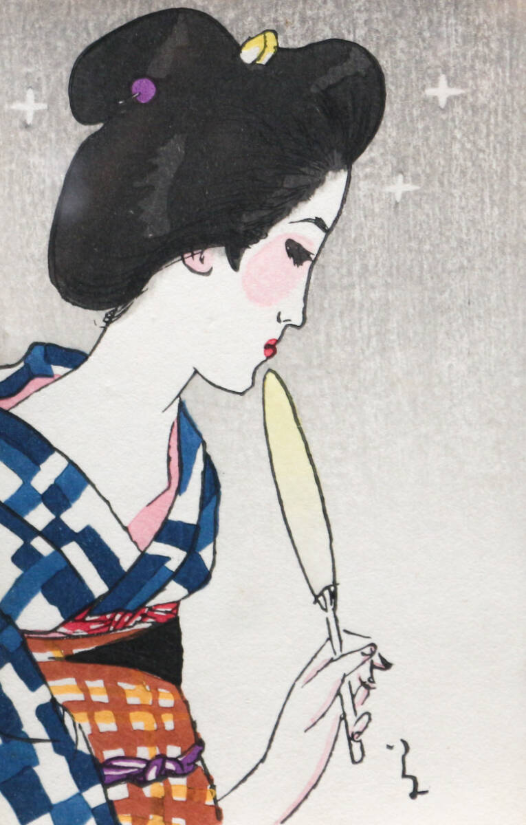 真作】『うちわ 美人画』/ 竹久夢二 / 木版画 / 当時物 / 色摺り