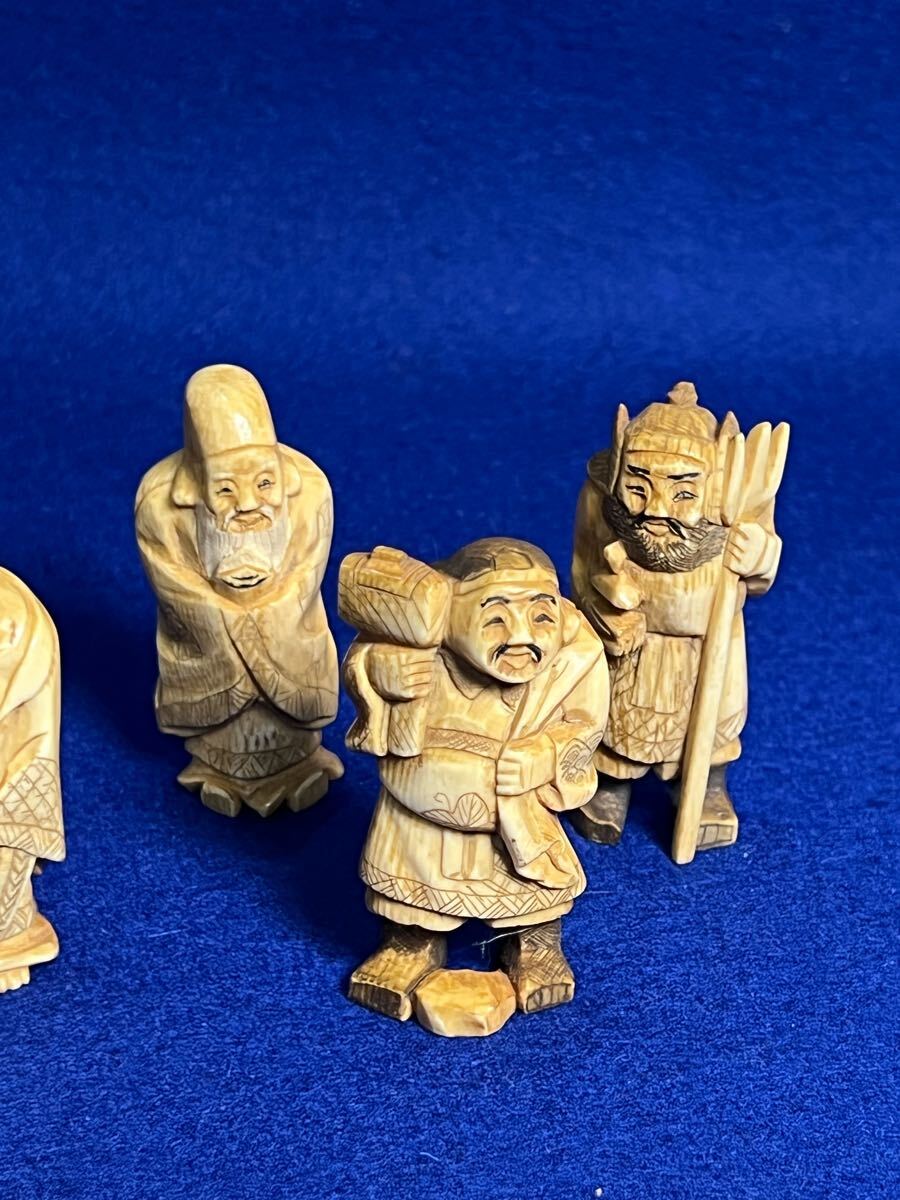 象牙風 七福神 置物 7点揃 総重量約260g 在銘 根付 彫刻 時代(東洋彫刻