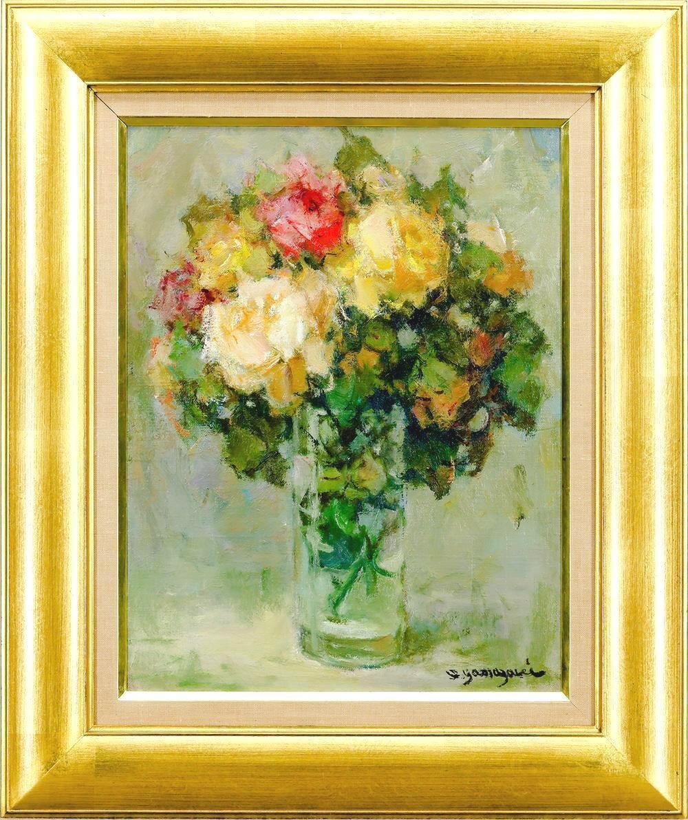 真作】【WISH】山崎翠祥「薔薇」油彩 6号 一枚の絵取扱作品 ◇花瓶花