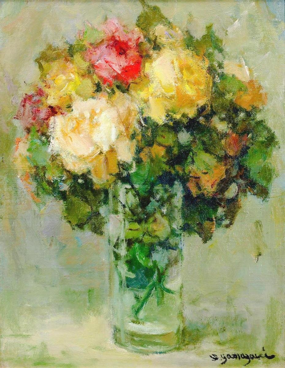 真作】【WISH】山崎翠祥「薔薇」油彩 6号 一枚の絵取扱作品 ◇花瓶花