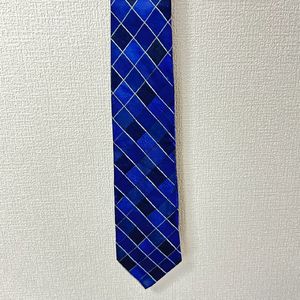 (^w^)b カルバンクライン Calvin Klein 格子柄 ブルー 青 シルク 絹100% ネクタイ メンズ