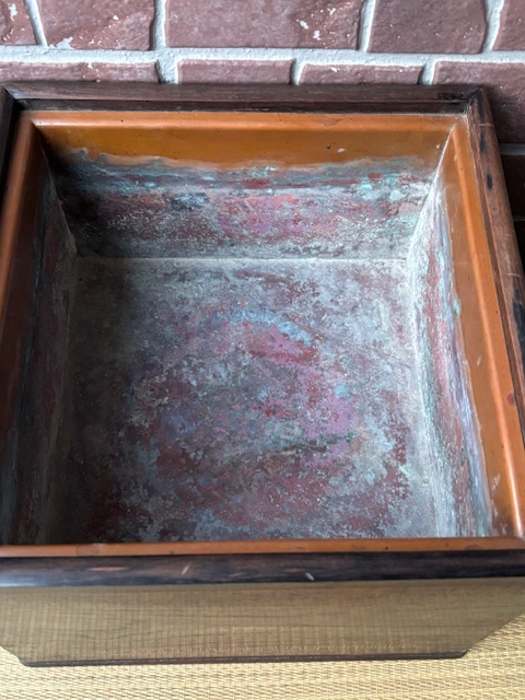 時代火道具 唐木 木製四方火鉢 紫檀瓶掛 角火鉢 銅おとし付き 象嵌細工