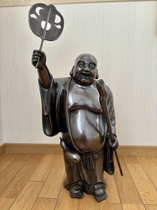 置物 【rry842 山本弧山 観月布袋置物 明治金工師 1.3kg 銅 鋳銅 江戸