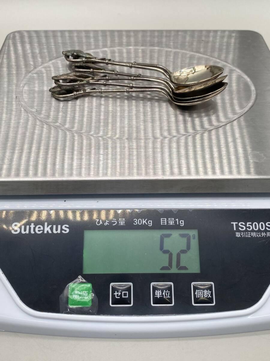時代物 銀スプーン「鶴と亀」 六客 全長11.6cm 総重52g S 刻印 銀匙