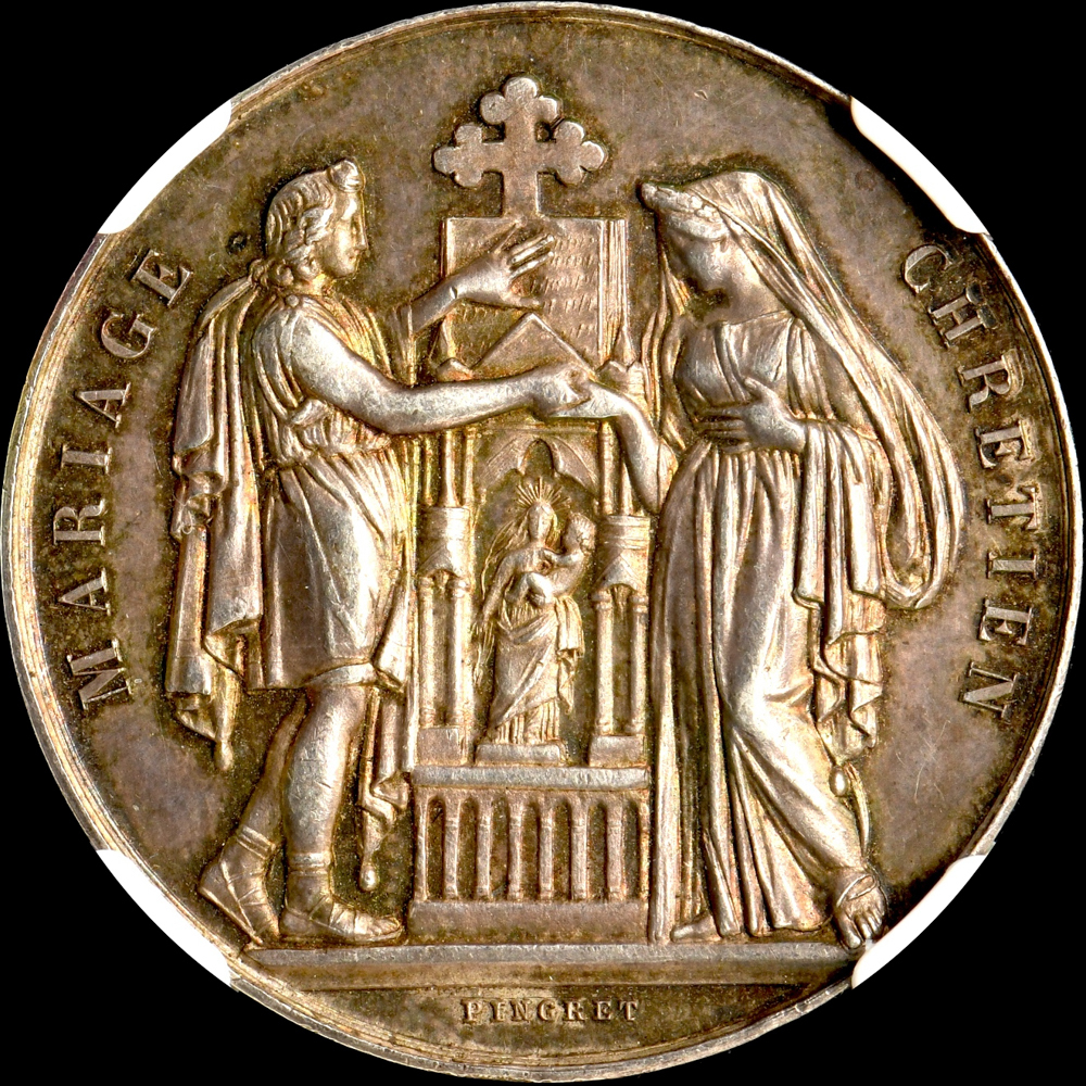 ☆土終【NGC MS62 裏面手彫り】1887 フランス 結婚ジェトン銀貨 (縁