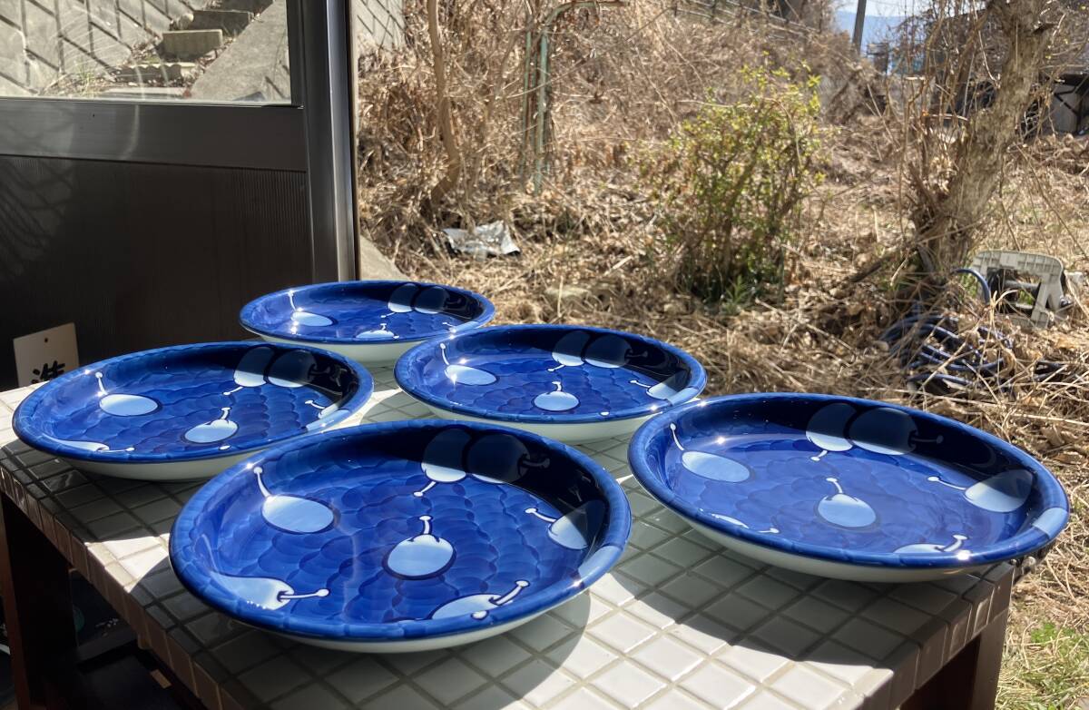 未使用】源右衛門窯 丸皿 染濃 プルーン文 5客組 未使用 直径215mm 共