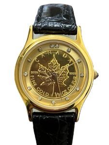 金貨 純金 メイプルリーフ 5ドル 腕時計 k24 貨幣 ジャンク品 メンズ】 純金 24K メープルリーフ 金貨腕時計 1/10OZ ロダニア k24