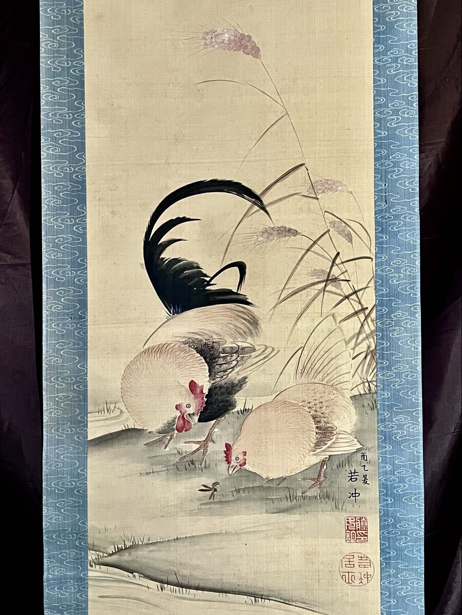 真作】【仙】伊藤若冲「鶏図」絹本 肉筆 合箱 花鳥図 鳥獣 蜂 絵画