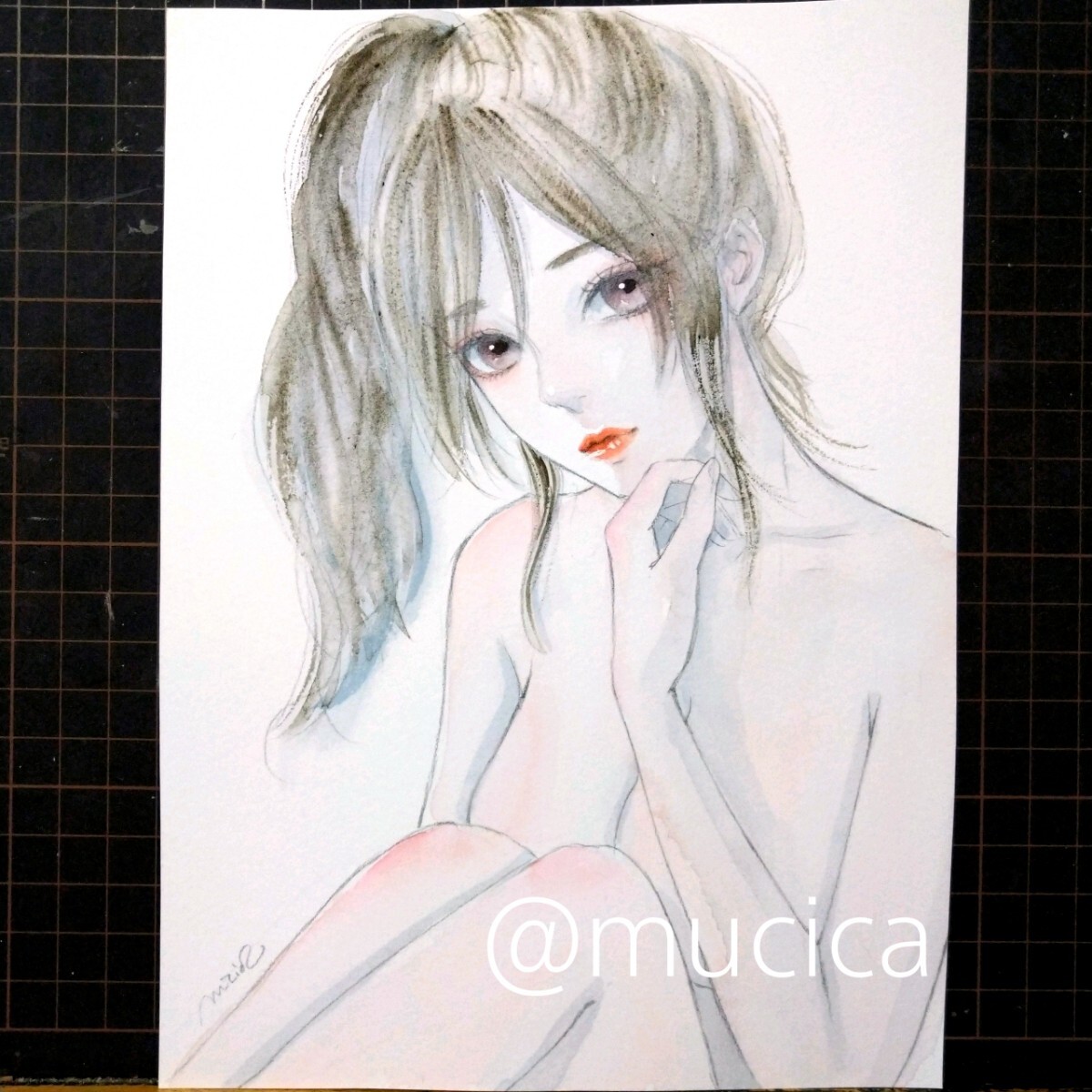 24531A 肉筆原画　手描きイラスト　絵画　ドローイング 肉筆原画 手描きイラスト 美人画 水彩画 オリジナル 絵画 ドローイング