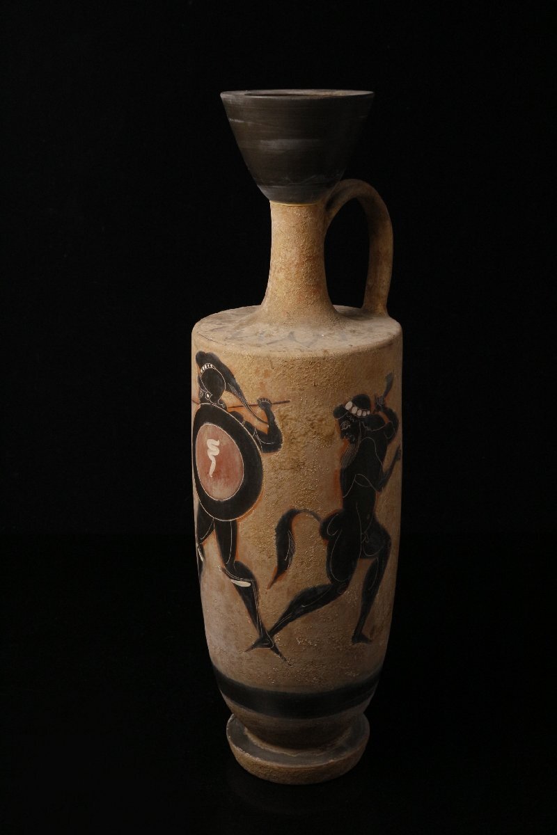 LIG】紀元前4～5世紀 古代ギリシャ陶器 黒絵式レキュトス 戦士と