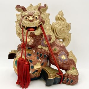 大型 九谷焼 玉乗り獅子 置物 高さ34cm 金彩 盛 縁起物 陶印あり 大型