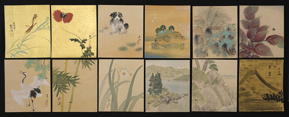 Q6222＞【真作】在銘絹本肉筆画色紙12点一括／明治-昭和時代前期の日本