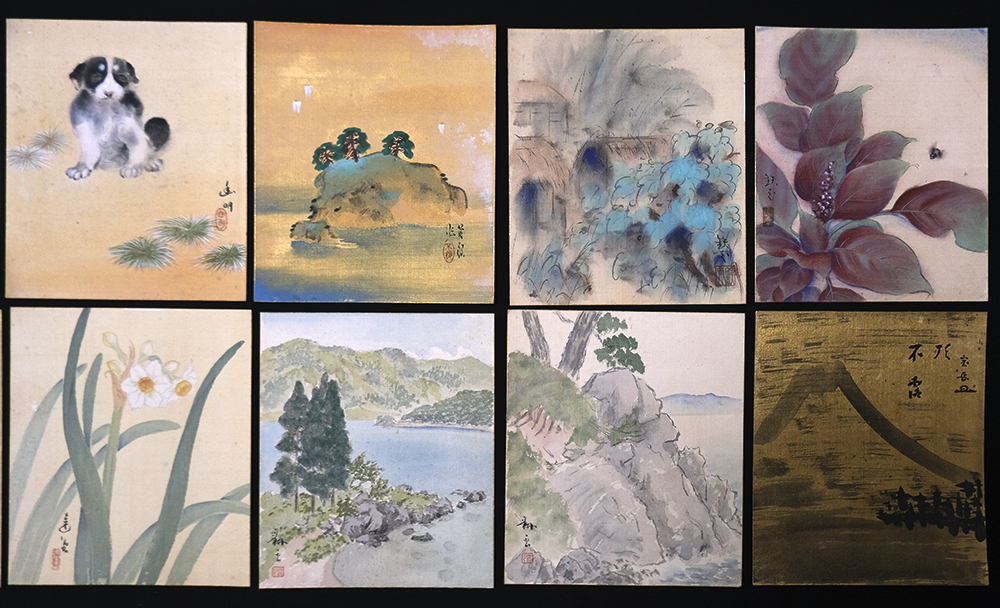 Q6222＞【真作】在銘絹本肉筆画色紙12点一括／明治-昭和時代前期の日本