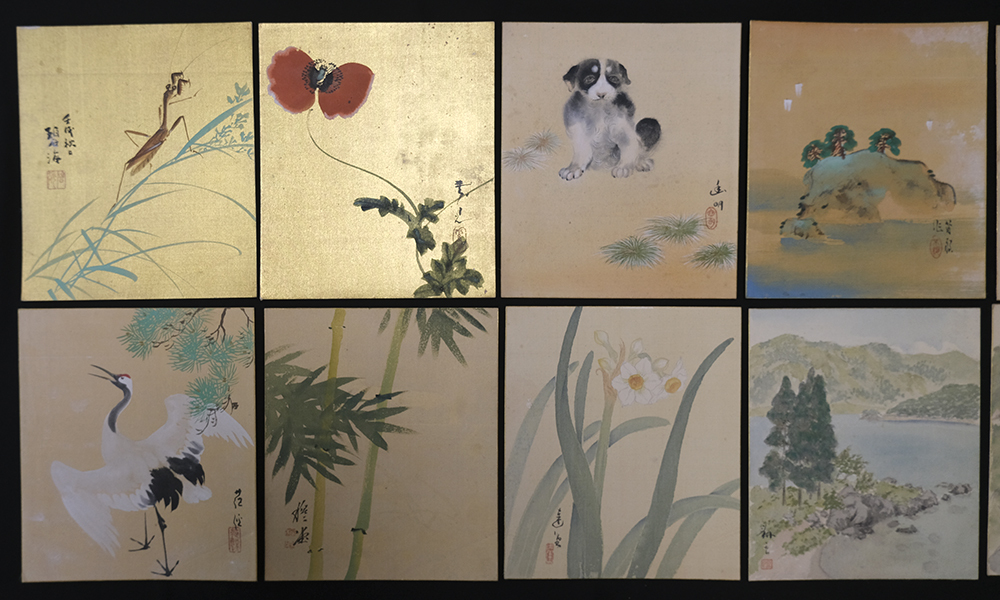 Q6222＞【真作】在銘絹本肉筆画色紙12点一括／明治-昭和時代前期の日本
