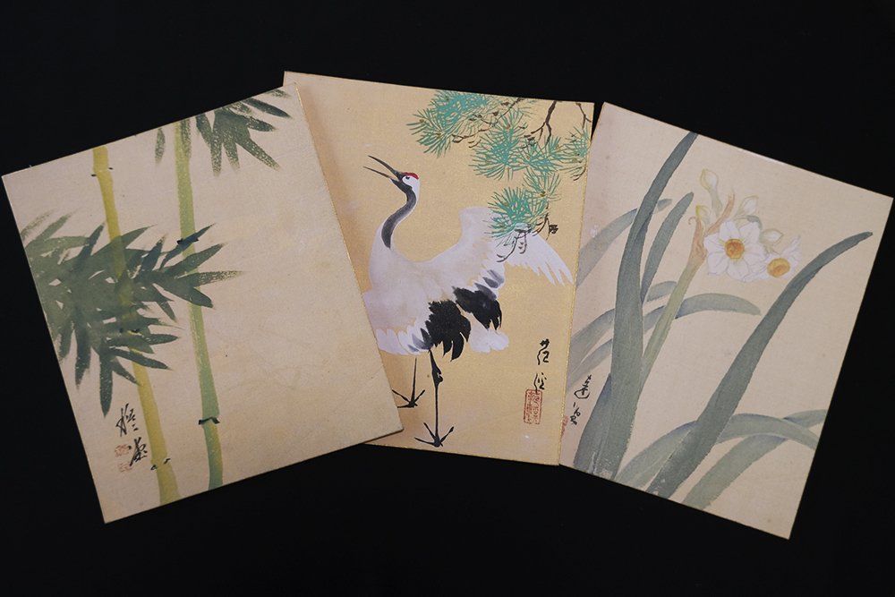 Q6222＞【真作】在銘絹本肉筆画色紙12点一括／明治-昭和時代前期の日本