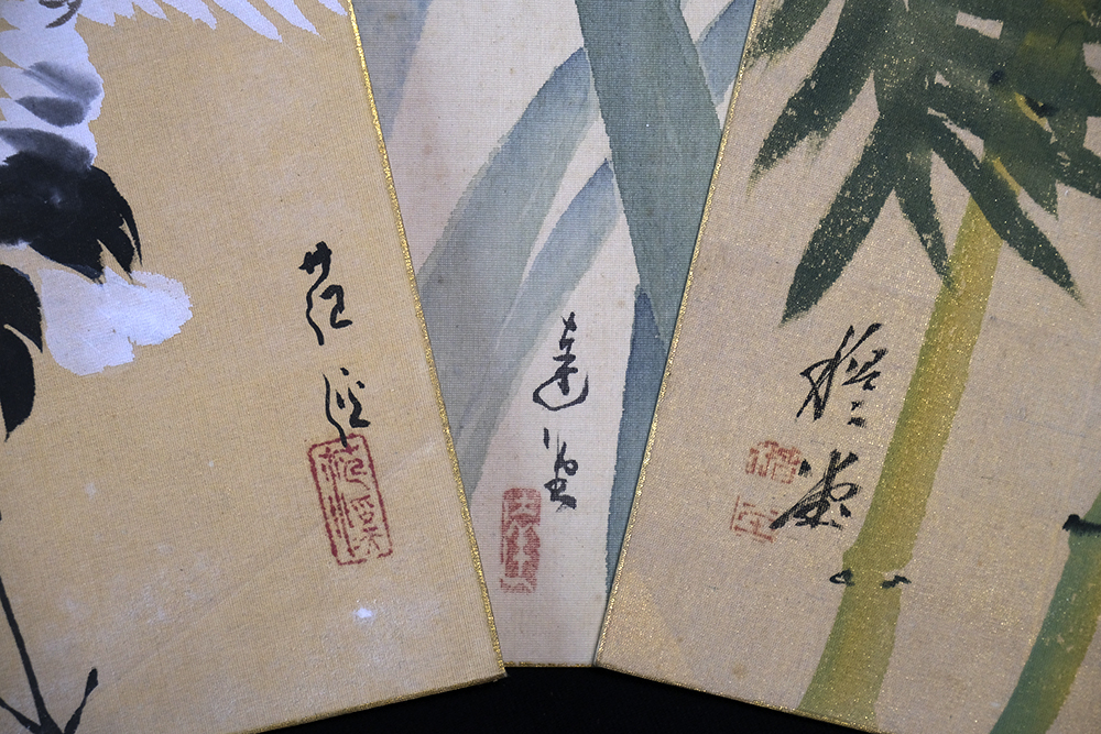 Q6222＞【真作】在銘絹本肉筆画色紙12点一括／明治-昭和時代前期の日本