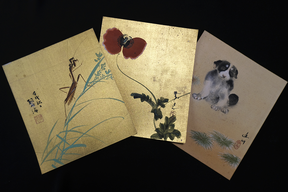 Q6222＞【真作】在銘絹本肉筆画色紙12点一括／明治-昭和時代前期の日本