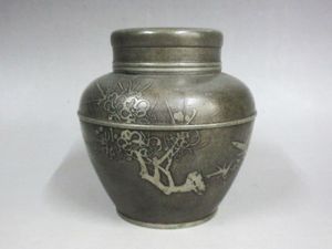錫製 間村自造 四君子文 茶壷 茶こぼし 合計約985g 3点 D R6368 錫製