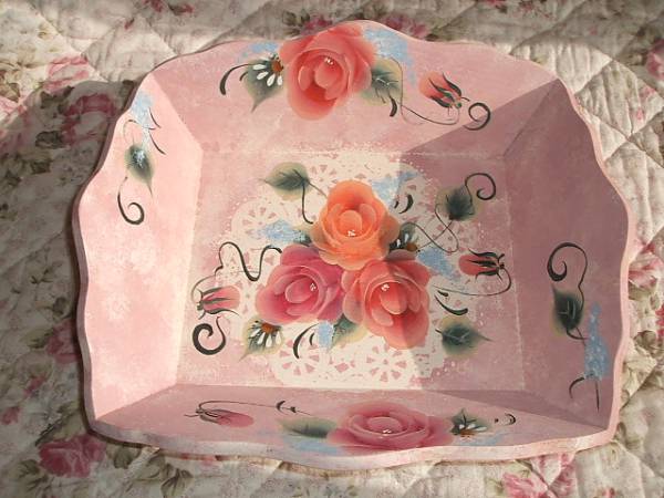 トールペイント、クッキートレーにピンクの薔薇_1