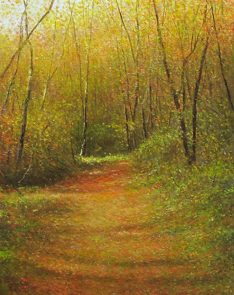 No4425 額装　住吉久志「紅葉の寒霞渓」油彩画　P6号　畳箱付　送料無料 ◇住吉久志【秋の山道】油彩画古径額 一枚の絵 紅葉風景油絵絵画(自然