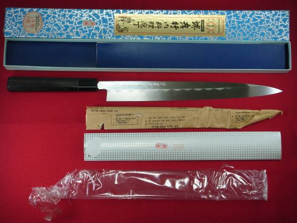 j*e様 堺孝行 本焼 柳刃包丁 青二鋼 水焼尺1両面鏡面 黒檀柄 黒檀鞘 刺身 水焼 本焼き 柳刃包丁【堺孝行】青二鋼 尺 鏡面 黒檀柄 未使用(刺身