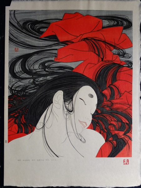 岡田嘉夫版画絵【源氏物語】美術品.版画.その他　本体33x28額寸52ｘ41単品 木版≪岡田嘉夫「源氏絵巻 松風」 ☆源氏物語 浮世絵 木版画(木版画