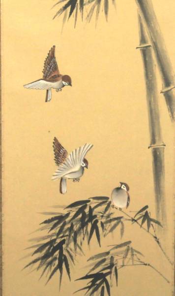 奥田秋苑『竹に雀』◇日本画・紙本◇落款・サイン・共箱有◇掛軸(花鳥