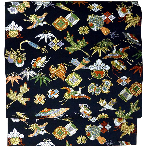 正絹 宝尽くし 名古屋帯 黒地 【中古品】