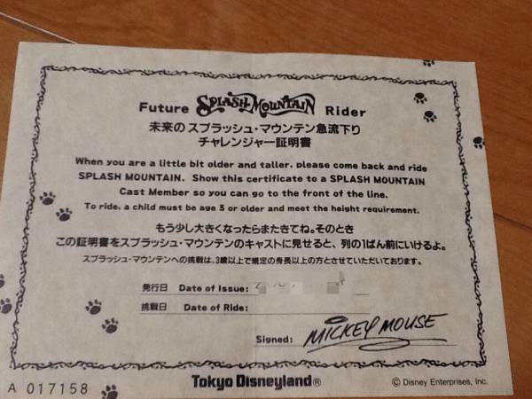 チャレンジャー証明書☆スプラッシュマウンテン☆2002年発行_1