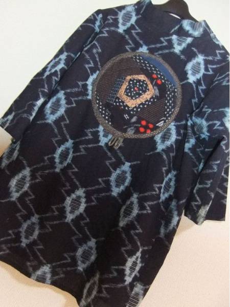 §古布・着物・リメイク§絣・薔薇パッチ・チュニック