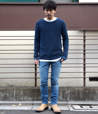 2015S/S LOUNGE LIZARD ストーンウォッシュコットンニット NAVY