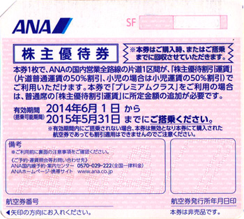 ANA株主優待券「２」枚（2015年5月末まで）