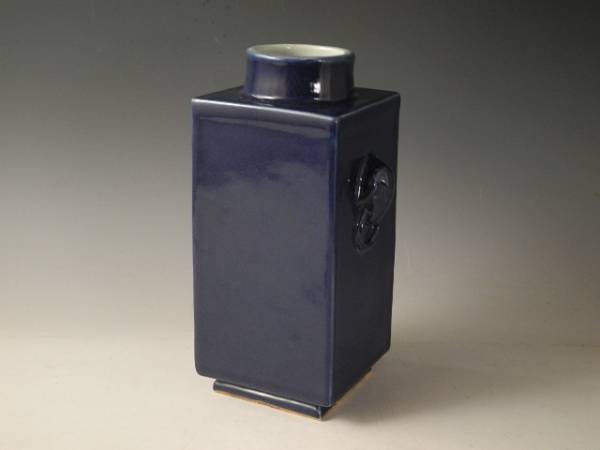 ◆栄◆中国 清代 瑠璃釉 四方 象耳 花入 無傷完品 34a61