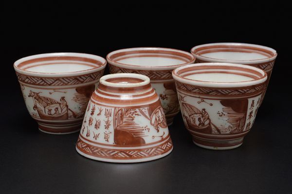 【九谷焼赤絵赤壁賦図煎茶碗五客】 明治九谷焼煎茶道具茶器