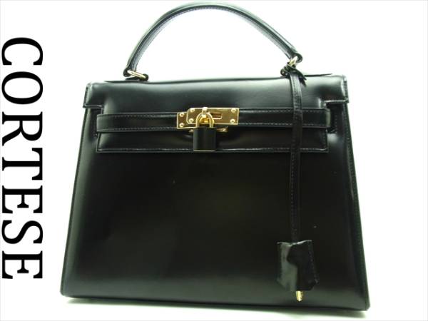 美品 CORTESE コルテーゼ ケリー型 レザー ハンドバッグ 黒G金具(牛革 