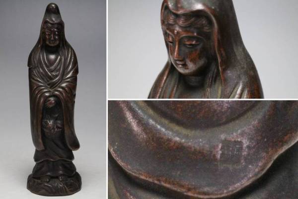 7690. 備前焼 備陶森製 白衣観音像 置物 / 仏教美術 陶製仏像