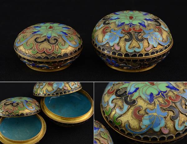 中国　唐物　古七宝内銀張　花草文　盃　一對　M　6628 美術品・アンティーク・コレクション 中国 唐物 古七宝内銀張 花草文 盃 一