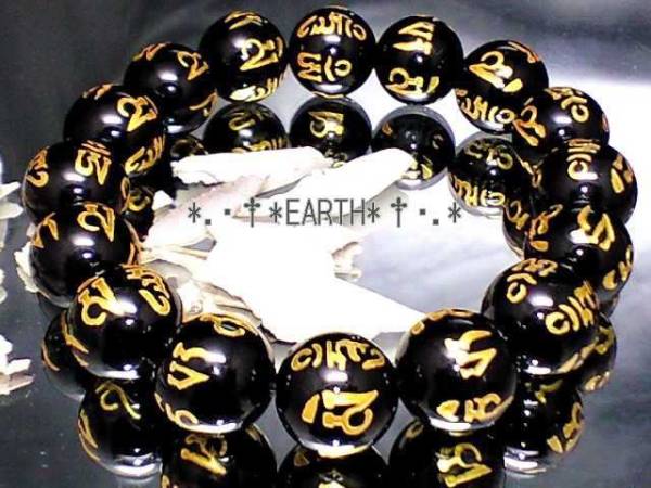天然石☆14ミリ高級金彫六字真言黒瑪瑙梵字AAA 数珠B
