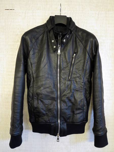超美品 AKM シワ加工 レザー リブ付き ライダース ブルゾン S